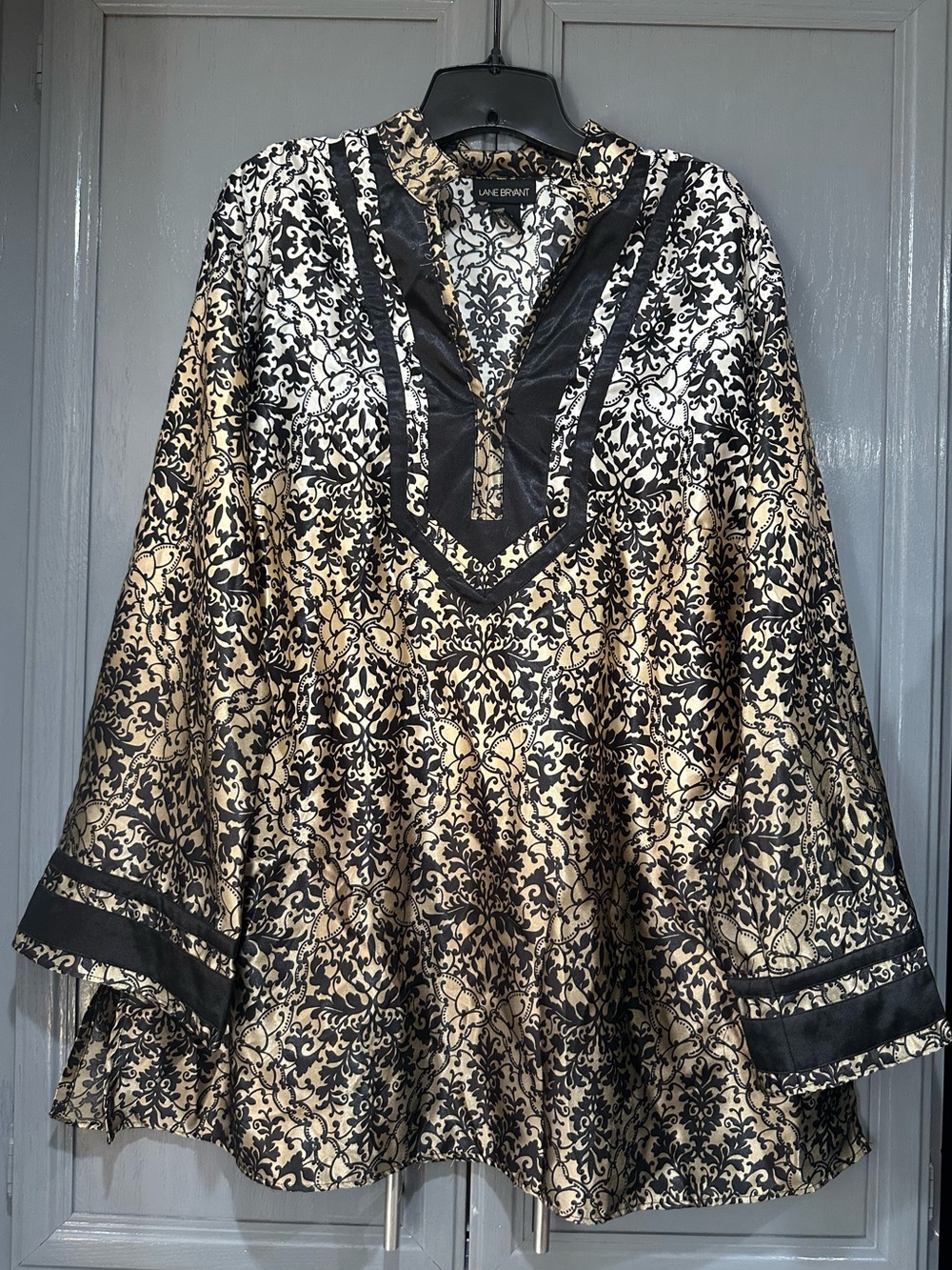Lane Bryant Black Gold Top Tunic Plus Boho Peasant Gypsy Long Sleeve 18/20